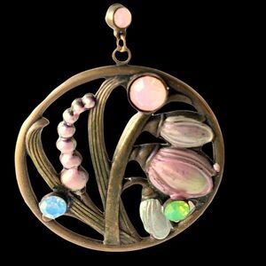 Vtg Banana Bob pastel floral enamel and opal crystal 2” circular drop earrings